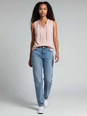 Loft 100% Cotton Pink Gingham Ruffle Collar V Neck Sleeveless Tie Front Top